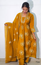 P395_MulChanderiA-LineEmbroideredV-NeckKurtaSet_Yellow_2
