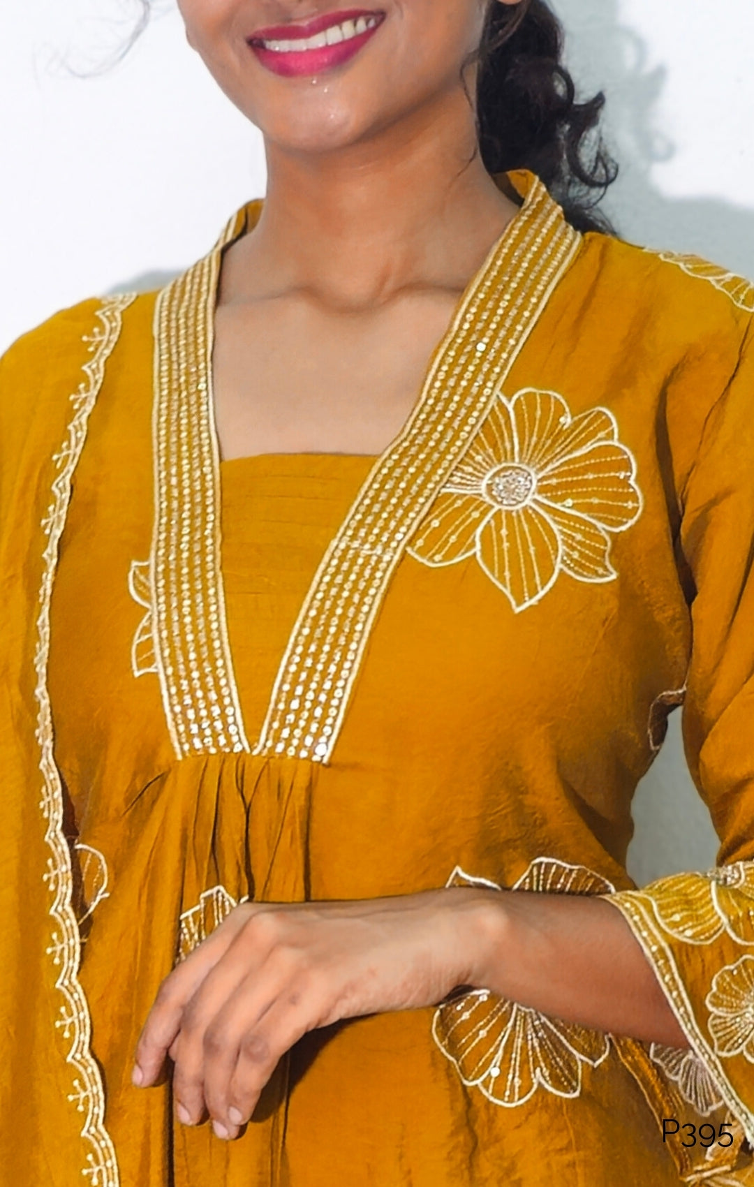 P395_MulChanderiA-LineEmbroideredV-NeckKurtaSet_Yellow_6