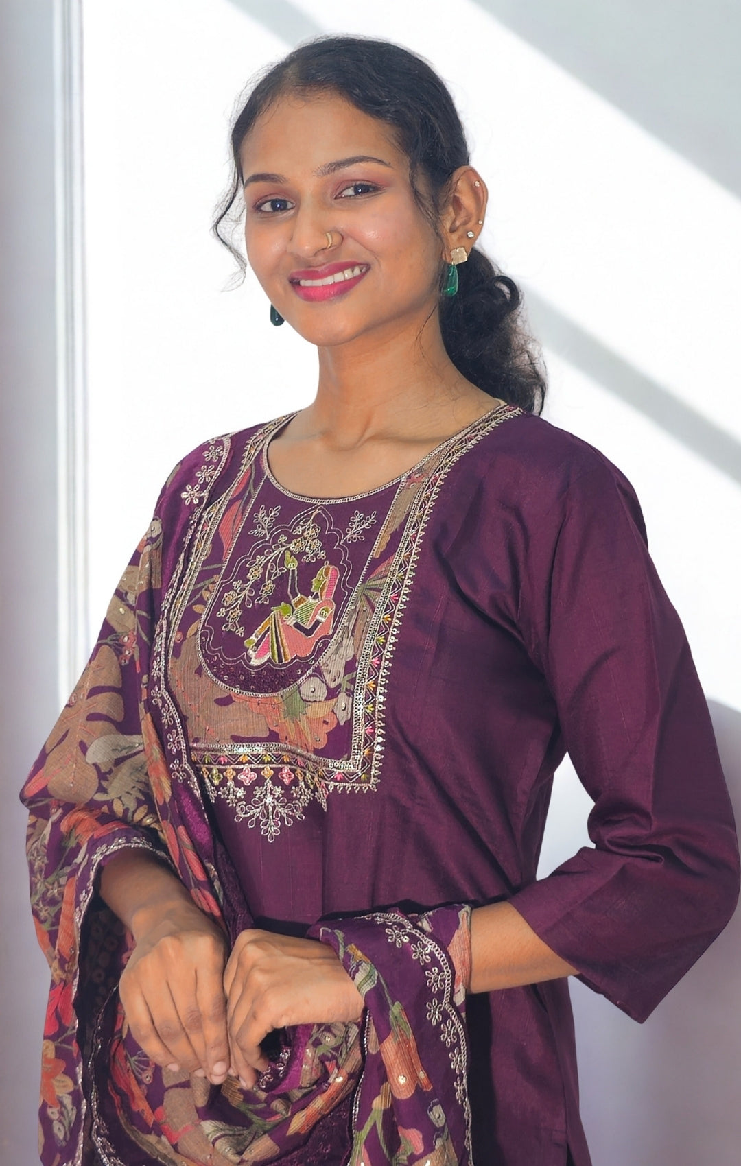 Wine Silk Blend Embroidered Straight Kurta Set with Printed Dupatta