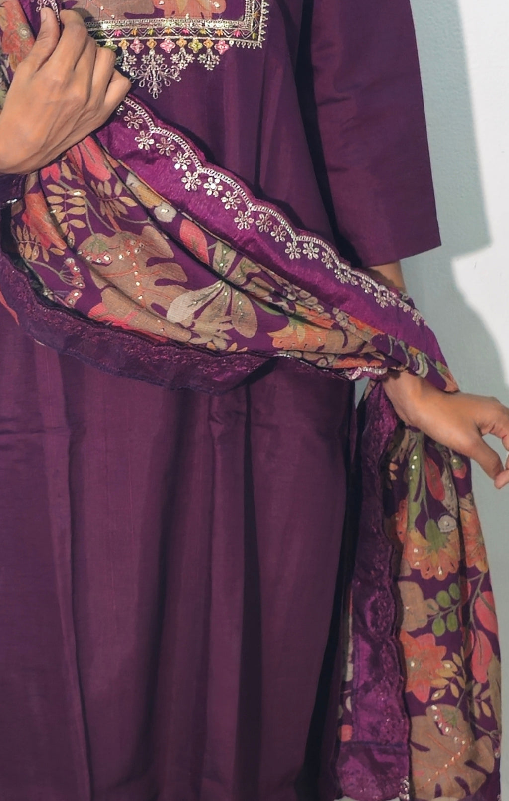 Wine Silk Blend Embroidered Straight Kurta Set with Printed Dupatta