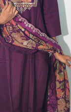 Wine Silk Blend Embroidered Straight Kurta Set with Printed Dupatta