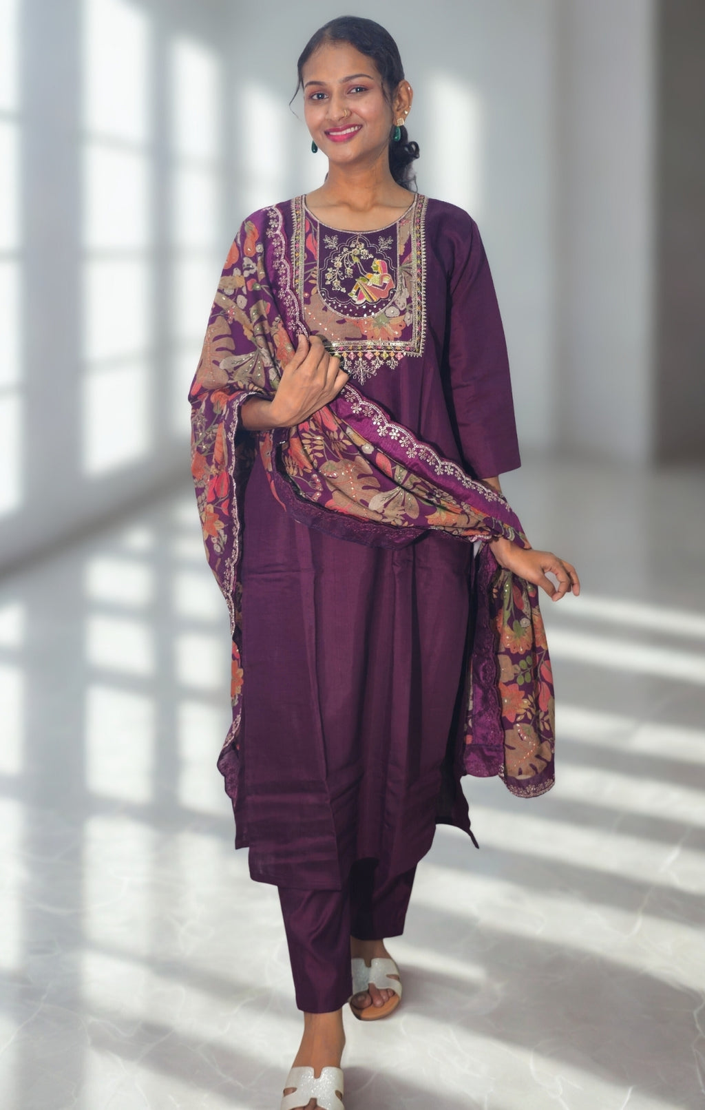 Wine Silk Blend Embroidered Straight Kurta Set with Printed Dupatta