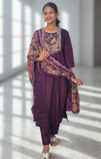 Wine Silk Blend Embroidered Straight Kurta Set with Printed Dupatta