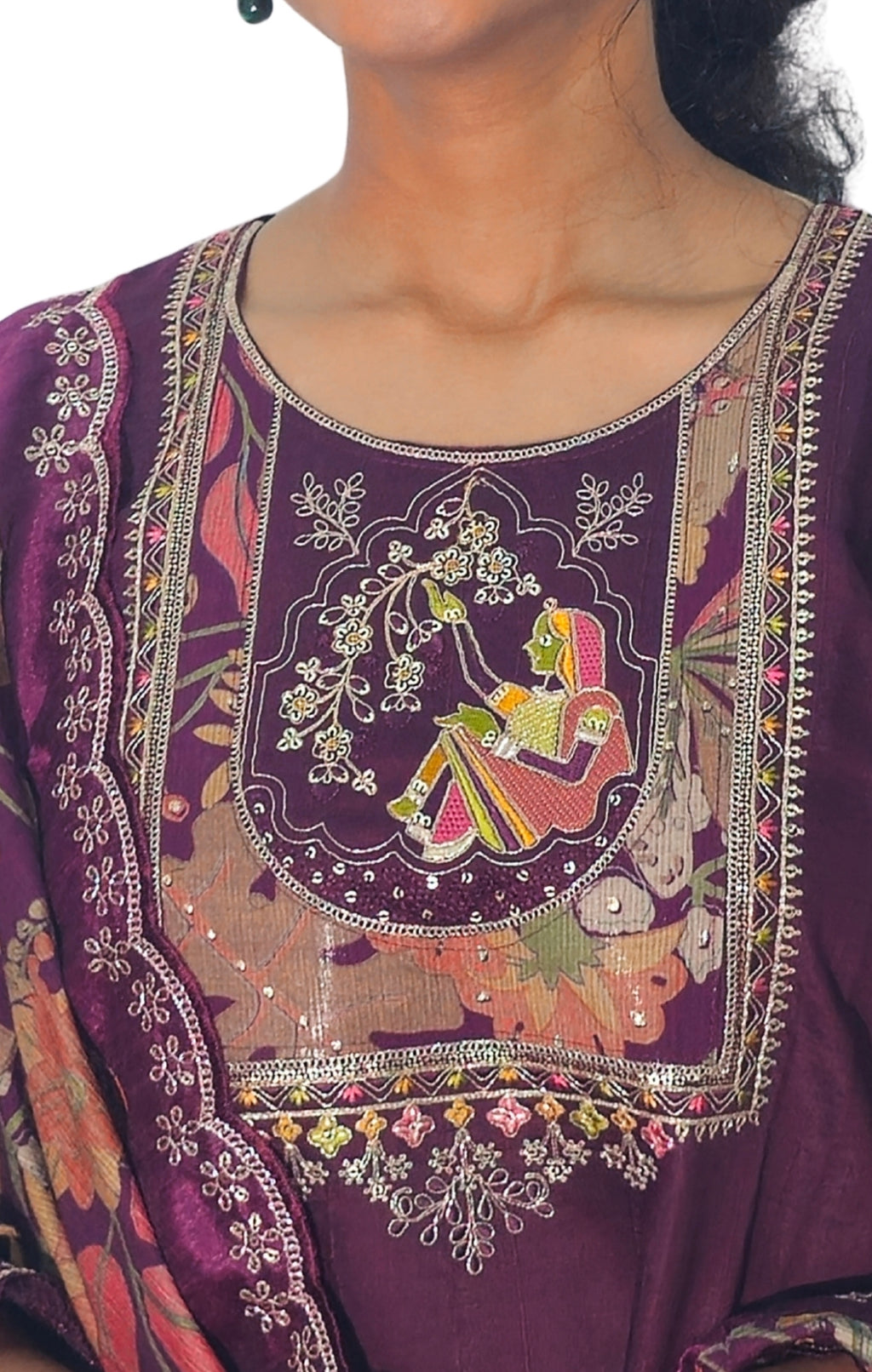 Wine Silk Blend Embroidered Straight Kurta Set with Printed Dupatta