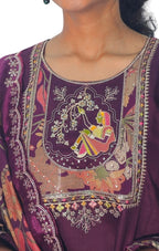 Wine Silk Blend Embroidered Straight Kurta Set with Printed Dupatta
