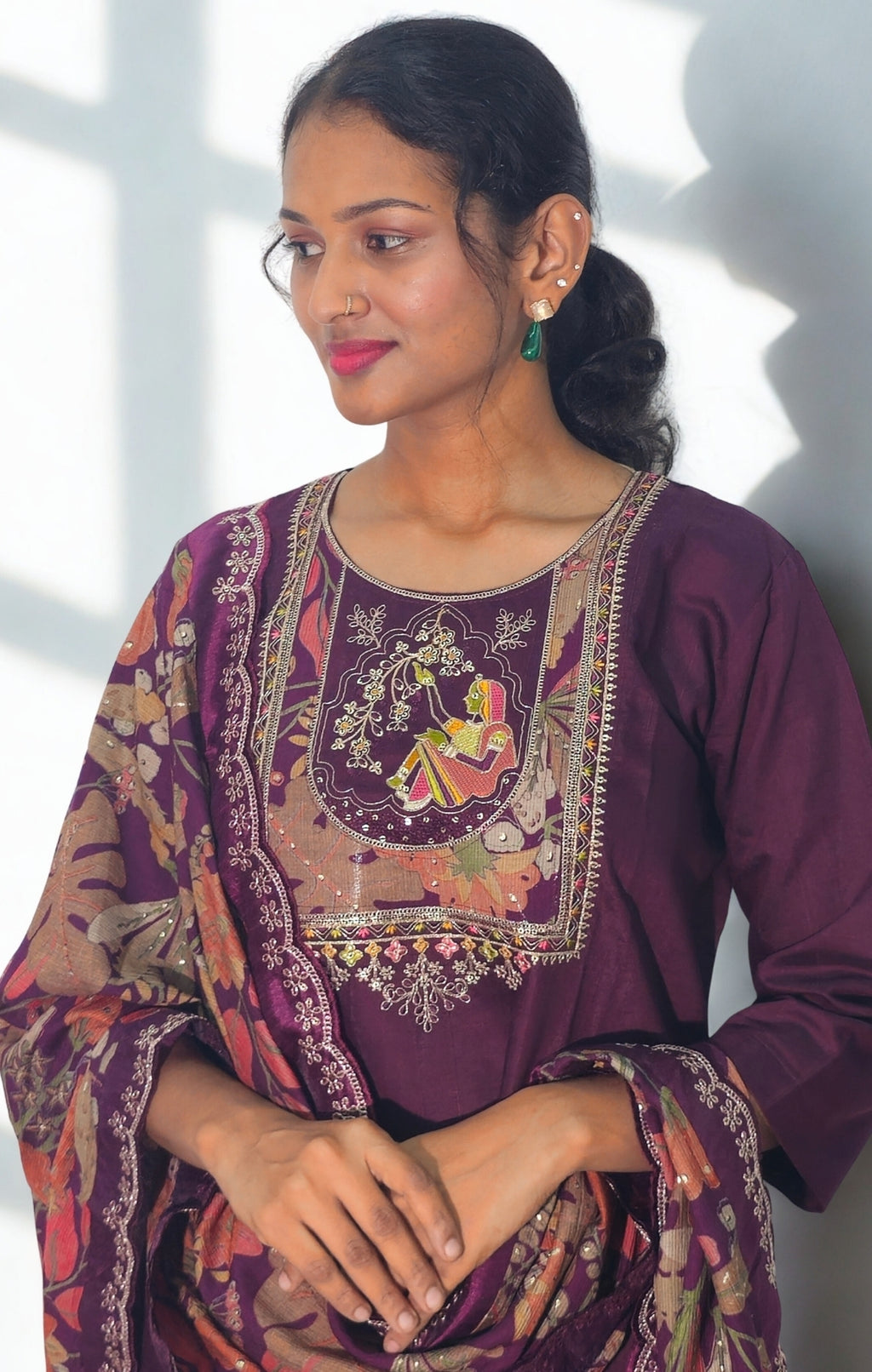 Wine Silk Blend Embroidered Straight Kurta Set with Printed Dupatta