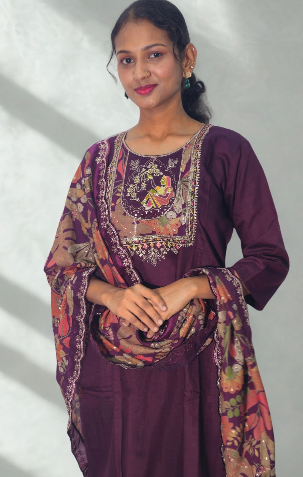 Wine Silk Blend Embroidered Straight Kurta Set with Printed Dupatta
