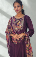 Wine Silk Blend Embroidered Straight Kurta Set with Printed Dupatta