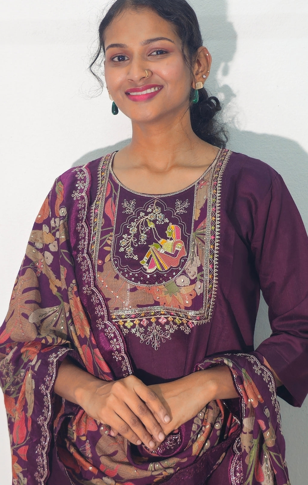 Wine Silk Blend Embroidered Straight Kurta Set with Printed Dupatta