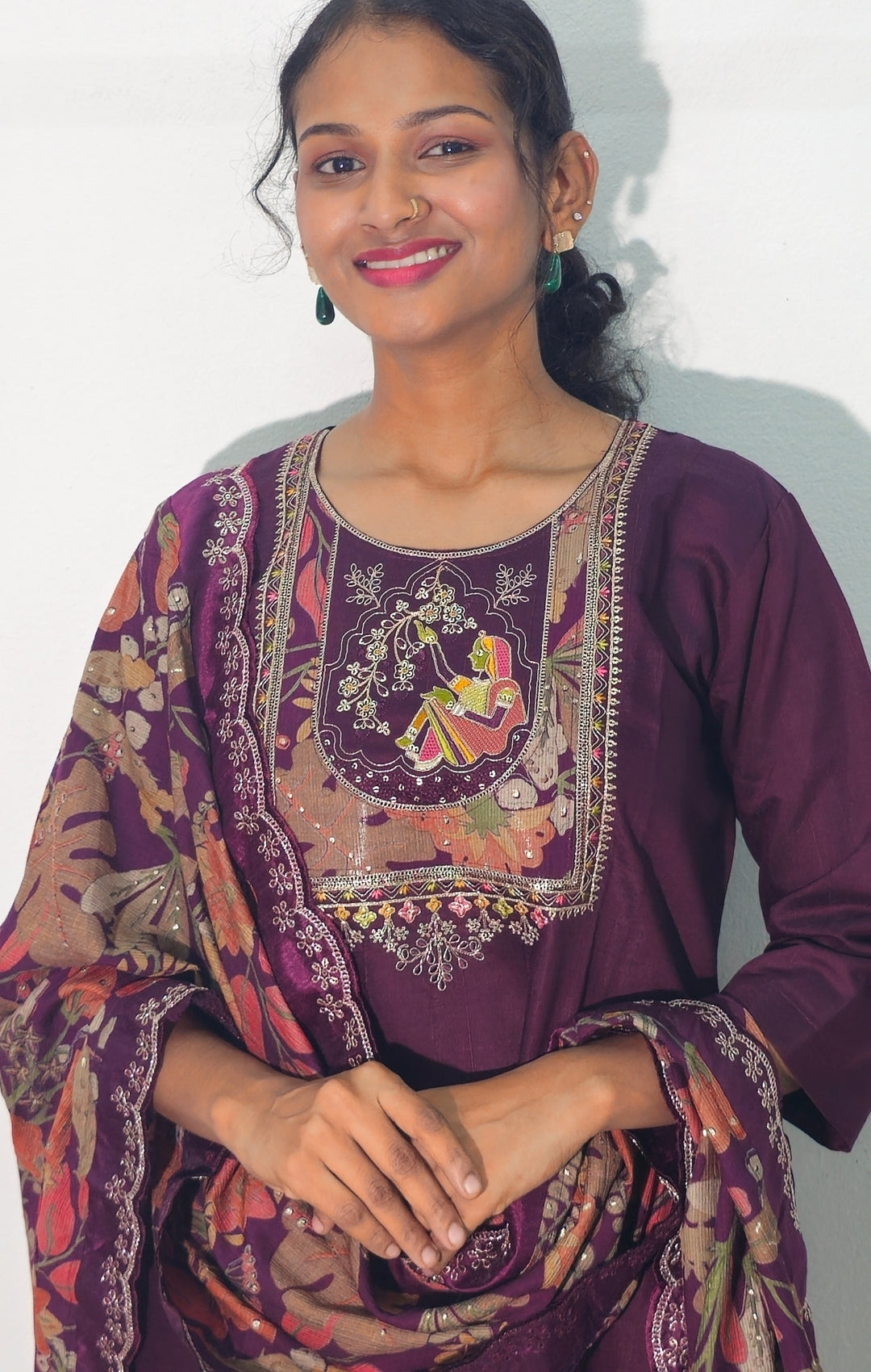 Wine Silk Blend Embroidered Straight Kurta Set with Printed Dupatta