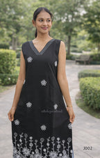 Black Cotton Embroidered Straight Kurti