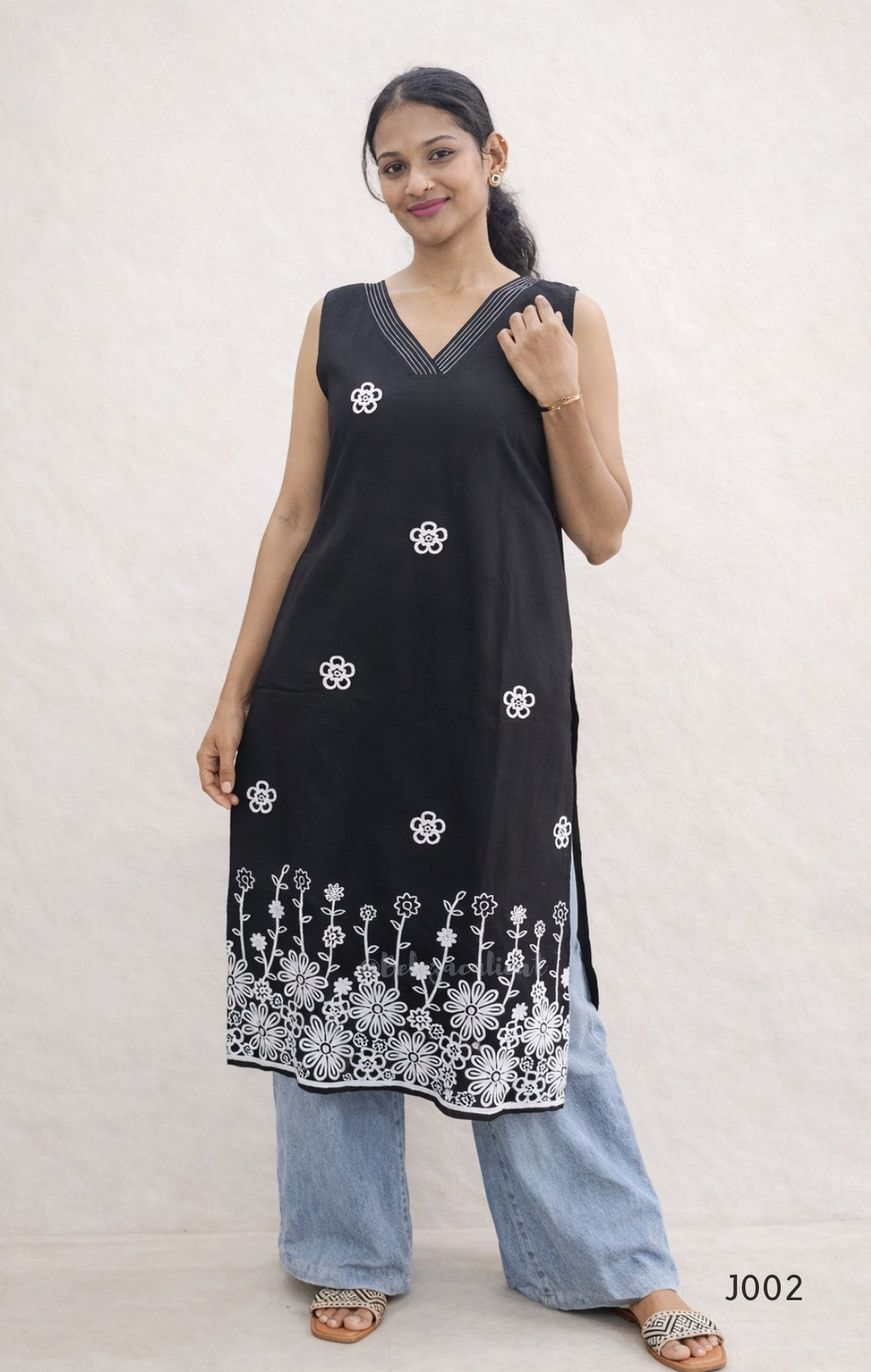 Black Cotton Embroidered Straight Kurti