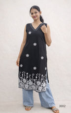 Black Cotton Embroidered Straight Kurti