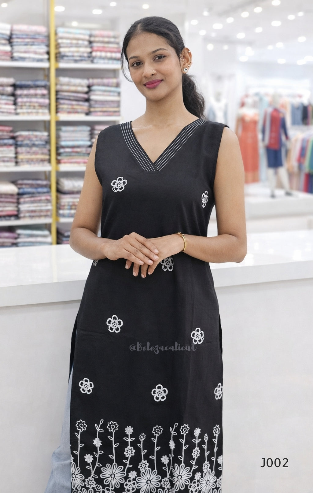 Black Cotton Embroidered Straight Kurti