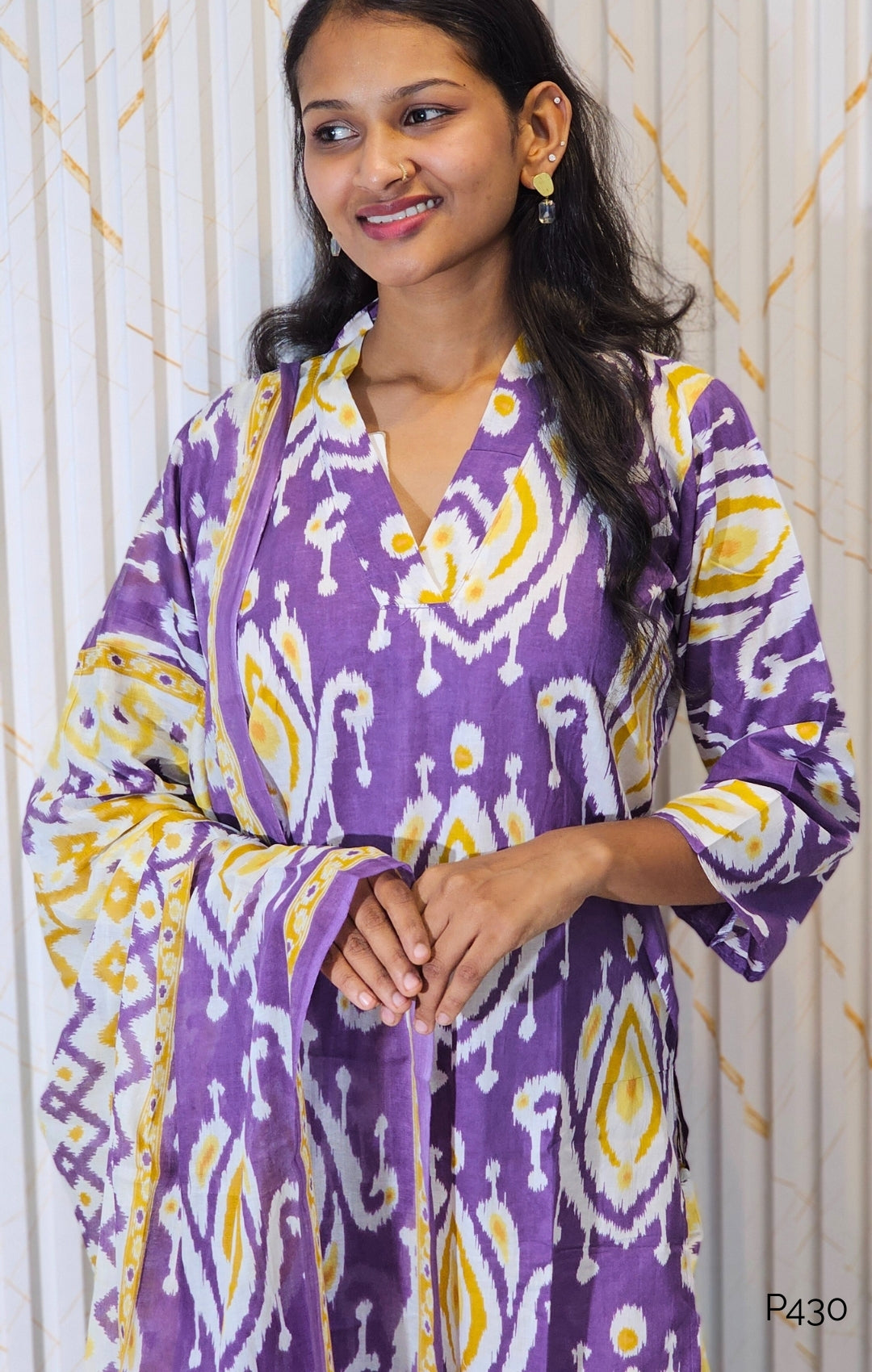 P430_PurpleCottonIkatPrintedStraightKurtaSet_1