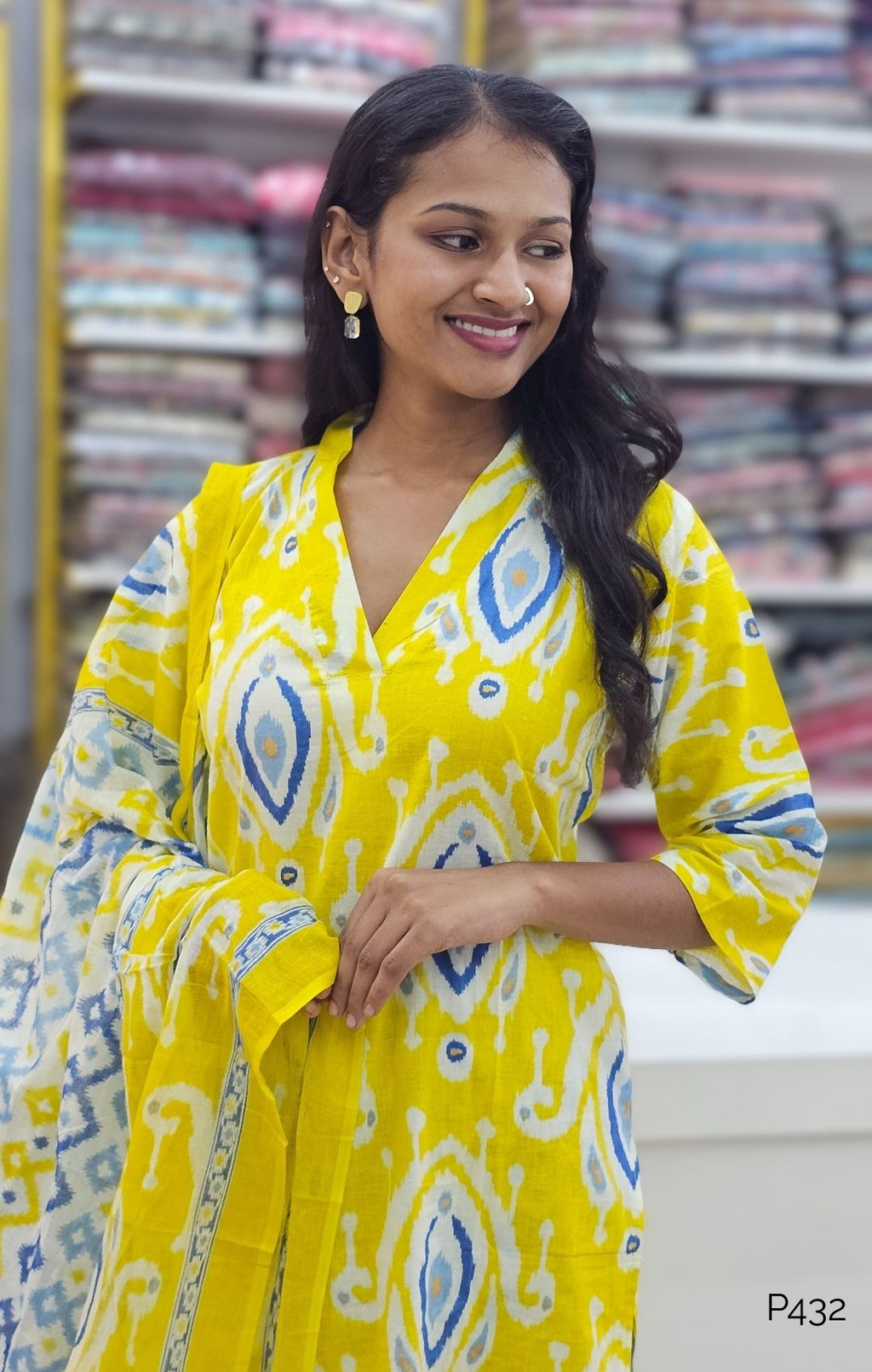 Yellow Cotton Ikat Printed Straight Kurta Set with Dupatta