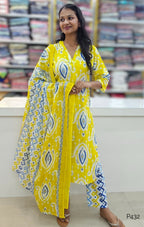 Yellow Cotton Ikat Printed Straight Kurta Set with Dupatta