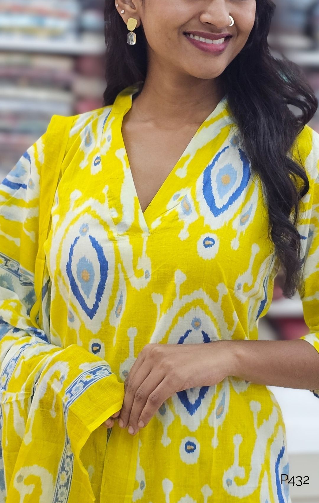 Yellow Cotton Ikat Printed Straight Kurta Set with Dupatta