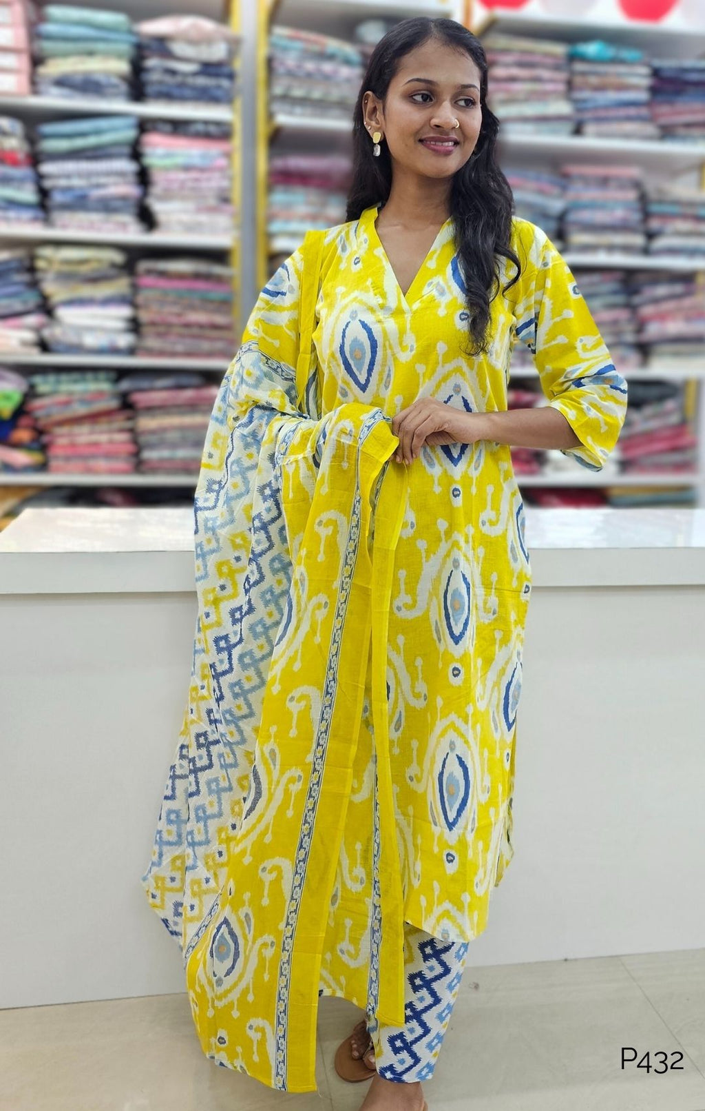 Yellow Cotton Ikat Printed Straight Kurta Set with Dupatta