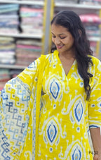 Yellow Cotton Ikat Printed Straight Kurta Set with Dupatta