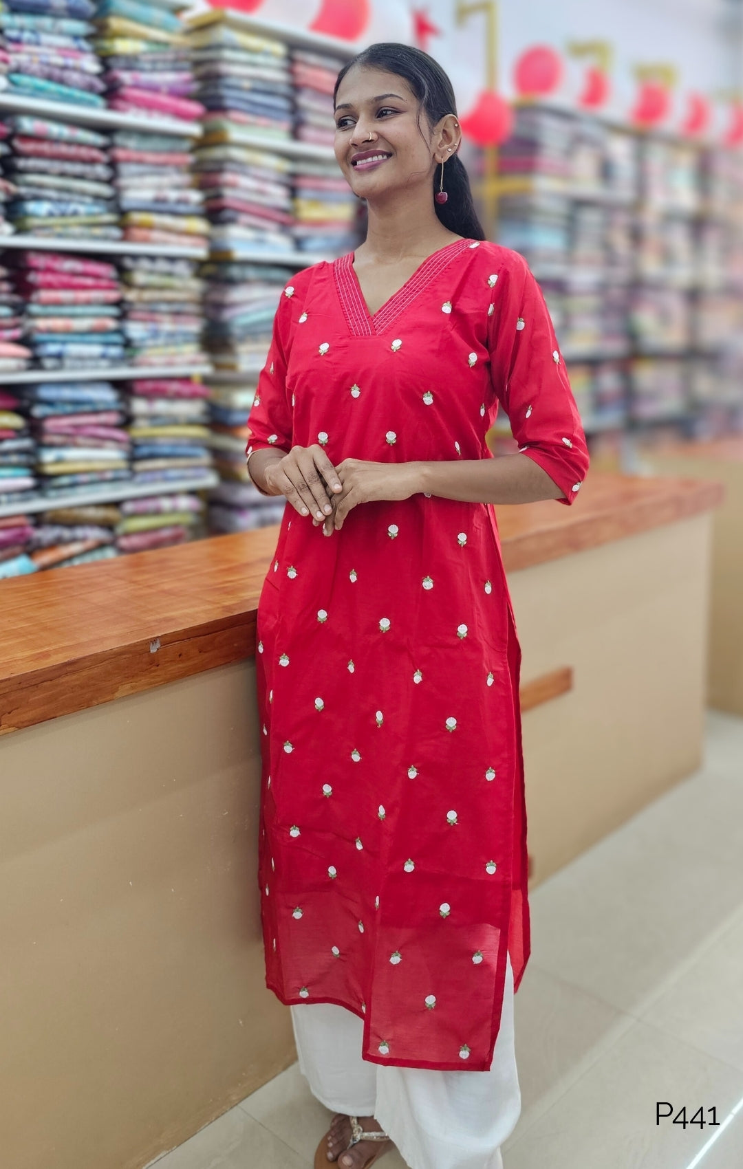 Red Mul Chanderi Embroidered Straight Kurti