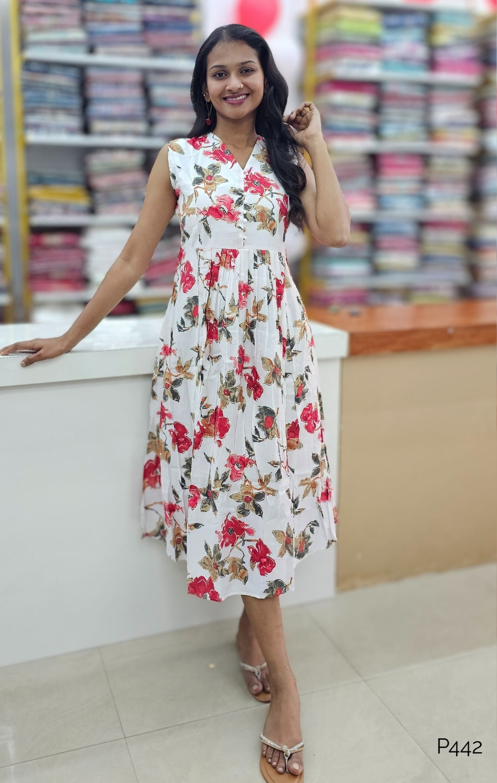 P442_IvoryViscoseBlendPrintedA-LineKurtiDress_3