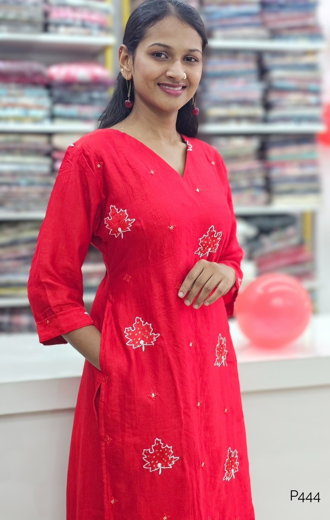 P444_RedMulChanderiEmbroideredStraightKurti_2