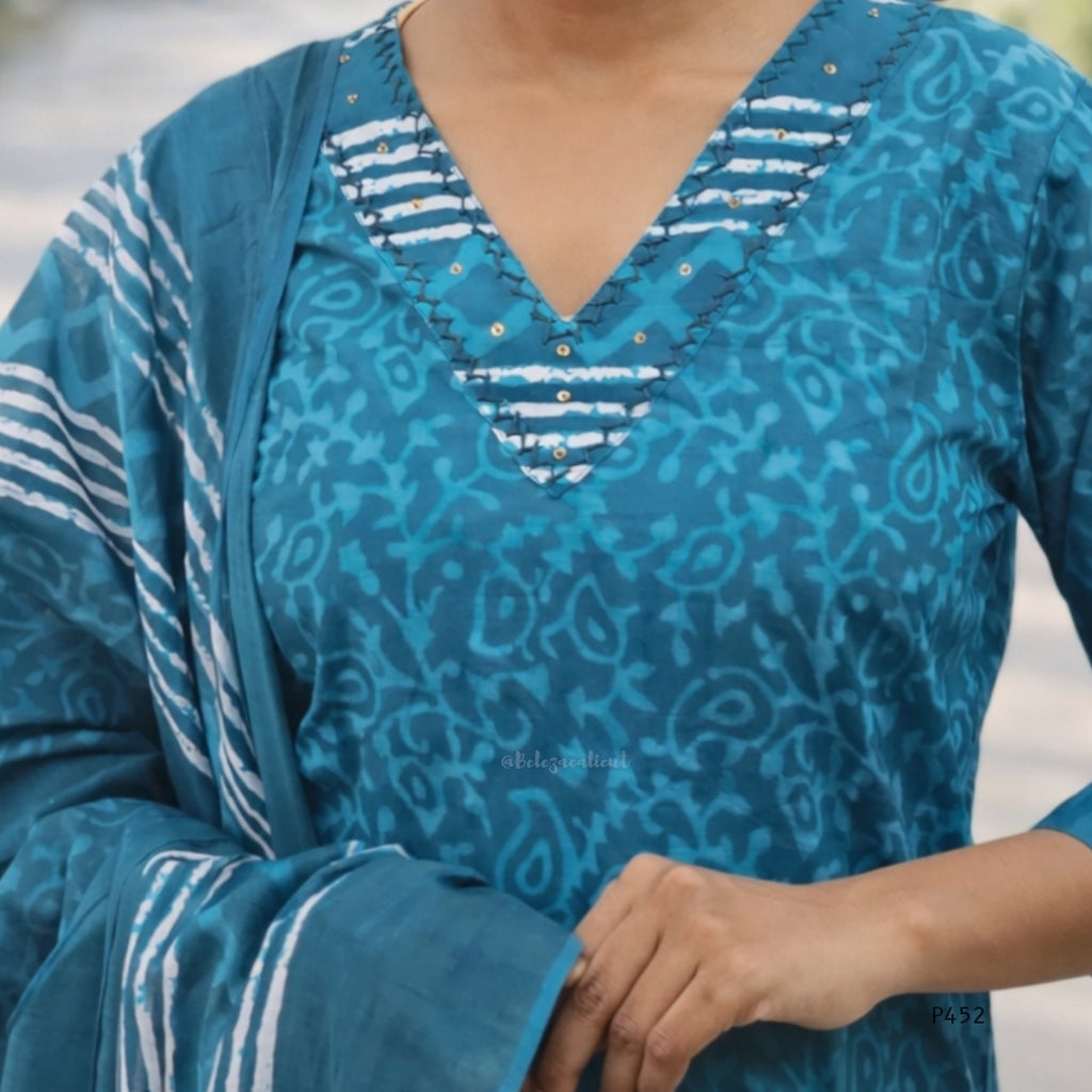 Blue patterned garment with white accents on a blurred background