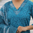 Blue patterned garment with white accents on a blurred background