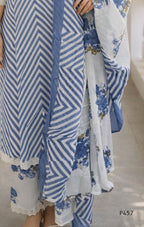 Blue and white striped garment with floral patterns on a neutral background