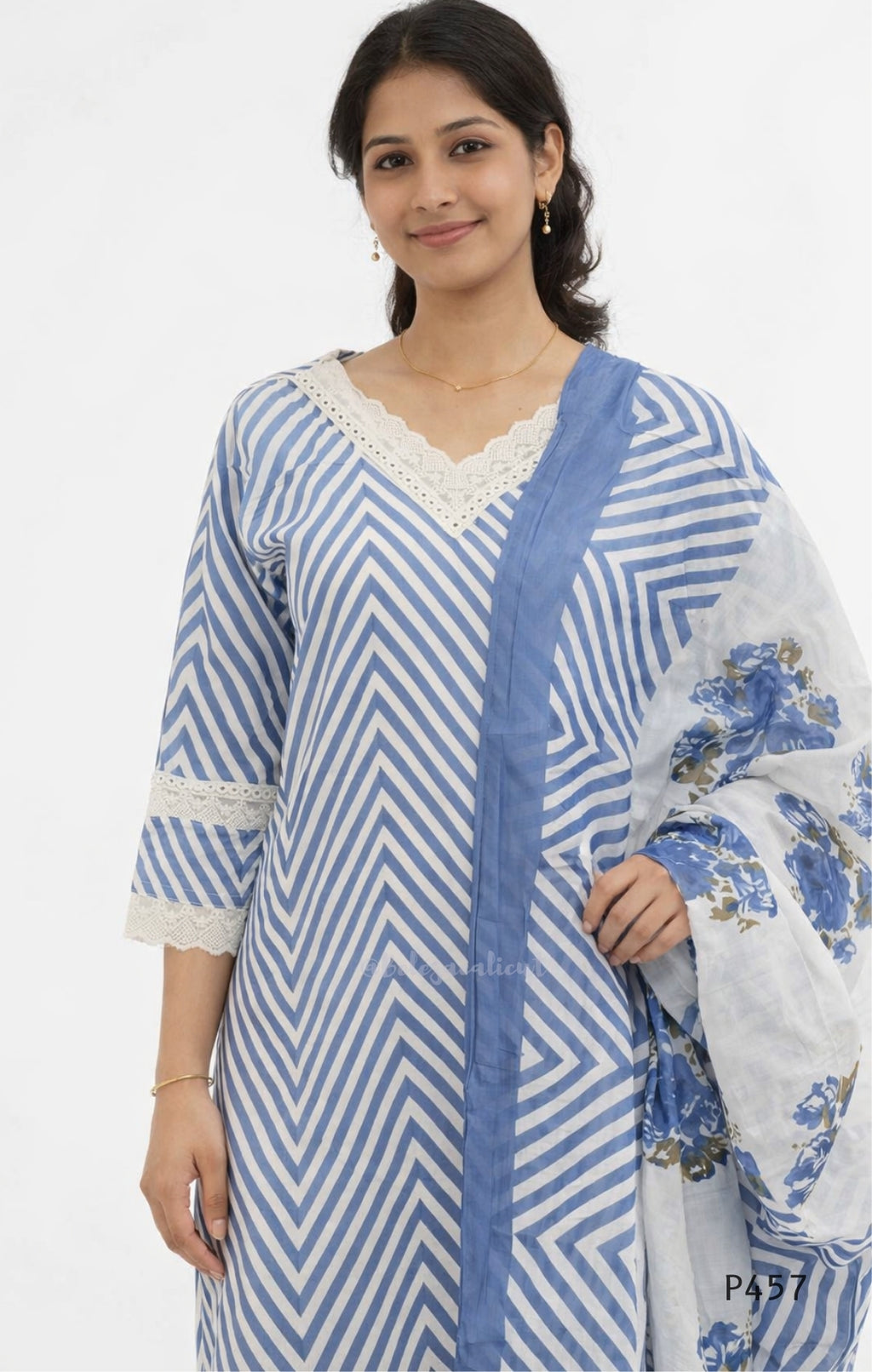 Woman wearing a blue and white striped kurta with a floral dupatta on a white background