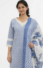 Woman wearing a blue and white striped kurta with a floral dupatta on a white background