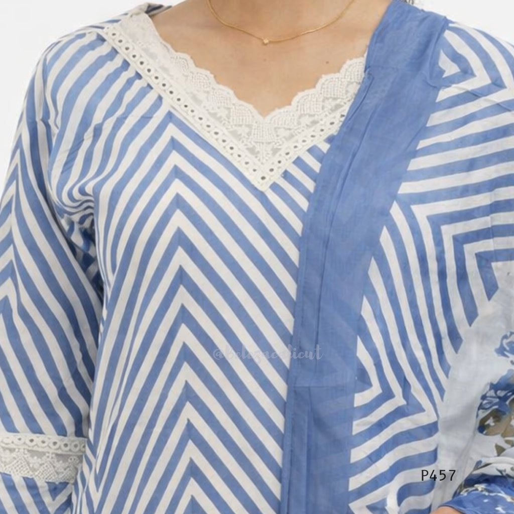 Blue and white striped garment with lace trim