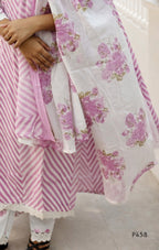 Person wearing a pink and white floral outfit with a matching dupatta.