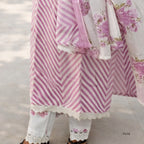 Pink and white striped garment with floral patterns on a neutral background