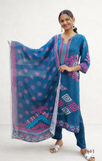 Woman wearing a blue embroidered outfit with a matching dupatta on a white background