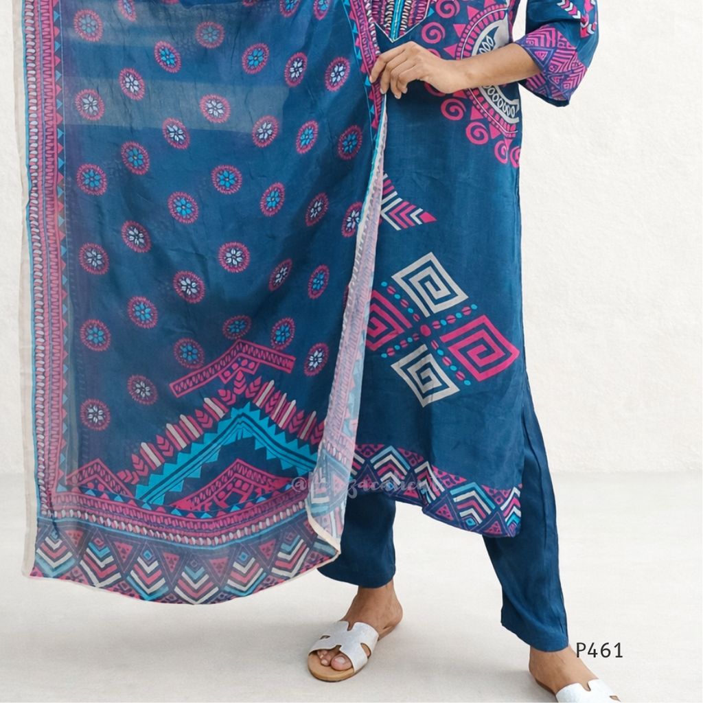Blue patterned kurta with matching pants and dupatta on a white background