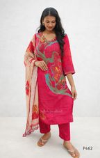 Woman wearing a pink traditional outfit with a floral dupatta on a white background