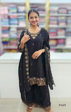 Crushed Silk Embroidered Festive Kurta Set – Teal / Mustard / Black / Rust