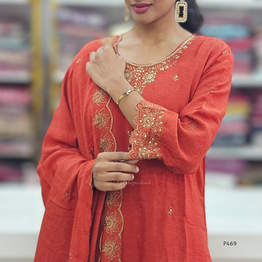 Crushed Silk Embroidered Festive Kurta Set – Teal / Mustard / Black / Rust