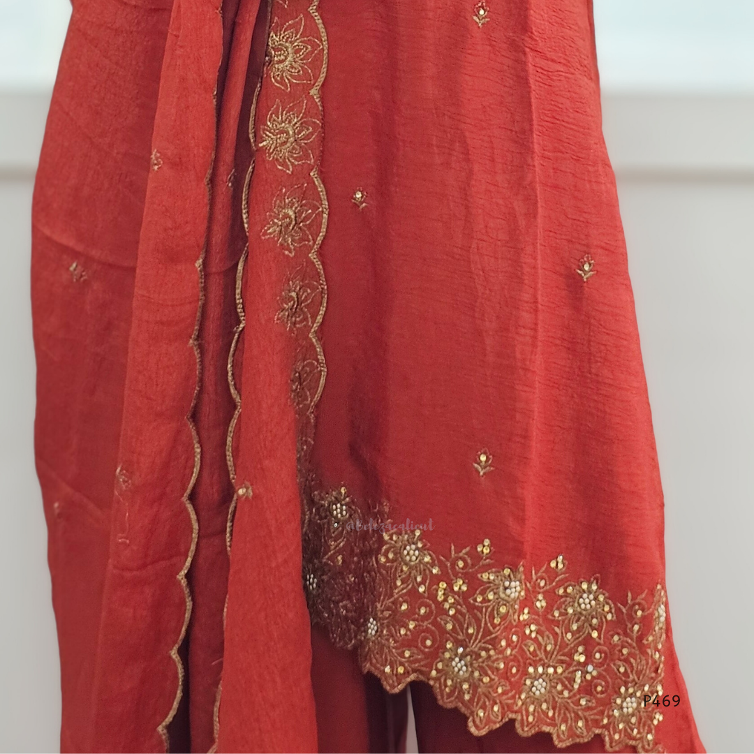 Crushed Silk Embroidered Festive Kurta Set – Teal / Mustard / Black / Rust