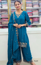 Crushed Silk Embroidered Festive Kurta Set – Teal / Mustard / Black / Rust