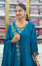 Crushed Silk Embroidered Festive Kurta Set – Teal / Mustard / Black / Rust