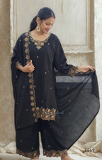 Crushed Silk Embroidered Festive Kurta Set – Teal / Mustard / Black / Rust