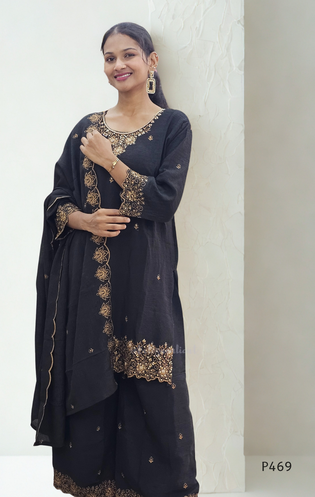 Crushed Silk Embroidered Festive Kurta Set – Teal / Mustard / Black / Rust