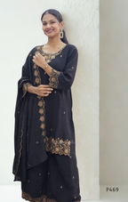 Crushed Silk Embroidered Festive Kurta Set – Teal / Mustard / Black / Rust