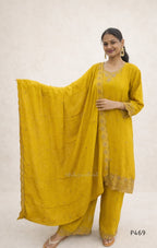 Crushed Silk Embroidered Festive Kurta Set – Teal / Mustard / Black / Rust