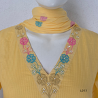Cream mul cotton churidar set with lining, pastel pink and powder blue floral embroidery, matching dupatta, 3/4 sleeves and V-neck bead detail 
