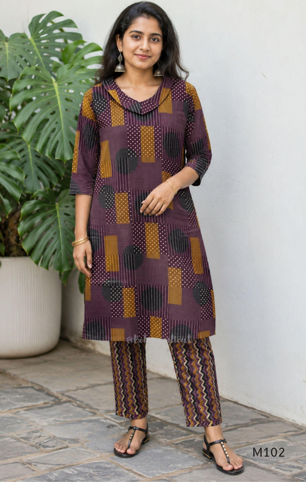 Deep plum cotton 2-piece co-ord set with mustard, teal and cream geometric printed long top and matching chevron-print bottom.
