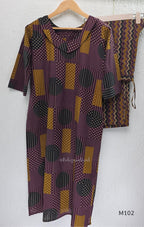 Deep plum cotton 2-piece co-ord set with mustard, teal and cream geometric printed long top and matching chevron-print bottom.